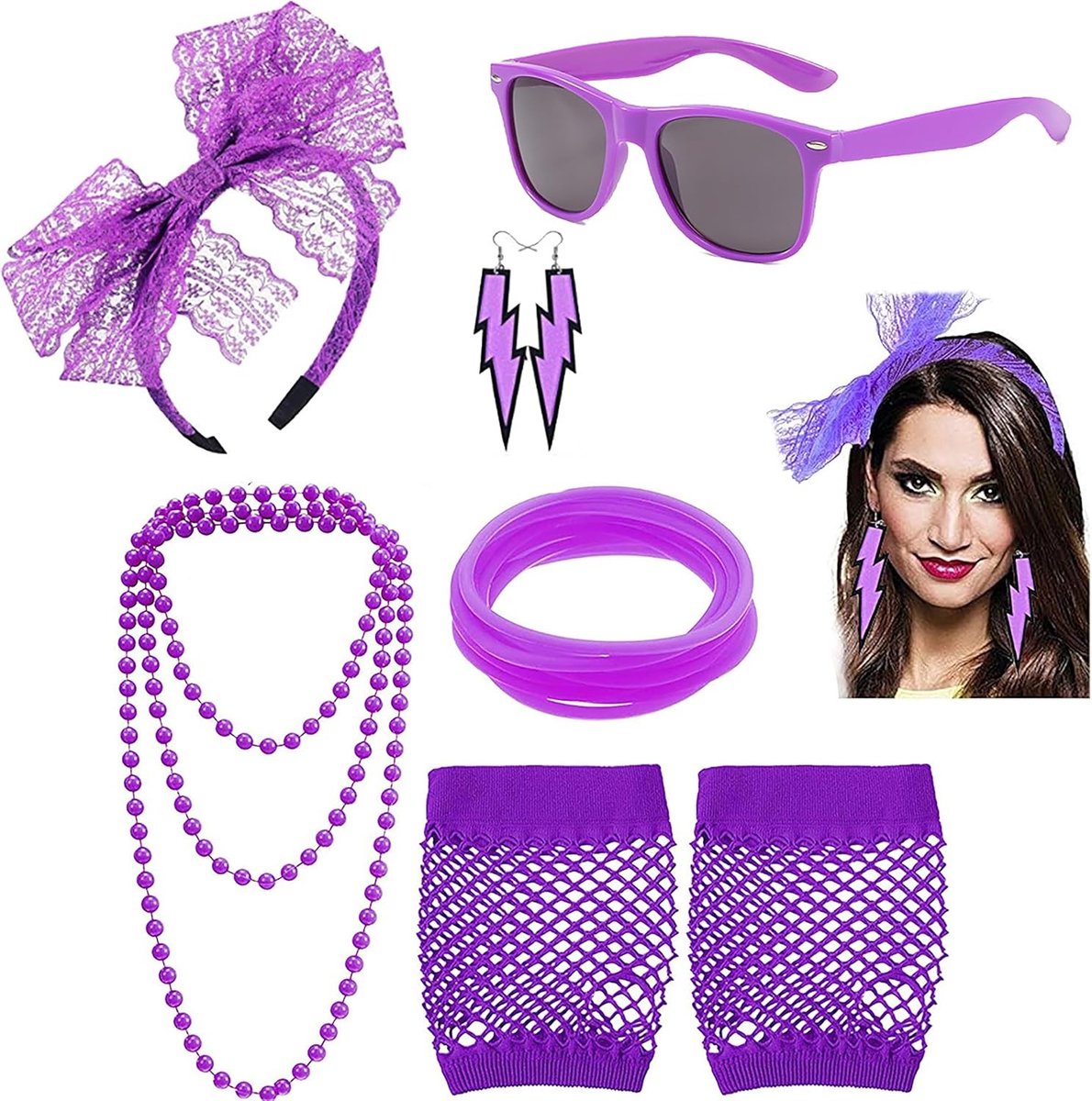 80s kostuum voor dames - Neon outfit met kant, oorbellen en retro stijl - Perfect voor themafeesten en carnaval