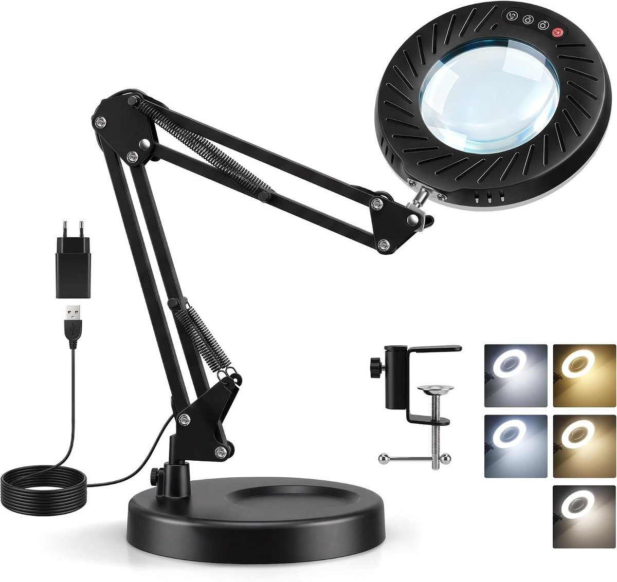 Dimbare vergrootlamp met LED-verlichting en tafelclip, 9 helderheidsniveaus voor knutselen, naaien en lezen