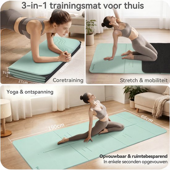 FunLife Sage Flow 7-Delige Opvouwbare Yogamat 190 × 66 cm – 10 mm Dik – Fitnessmat voor Yoga, Pilates en Stretching – Saliegroen — afbeelding 3