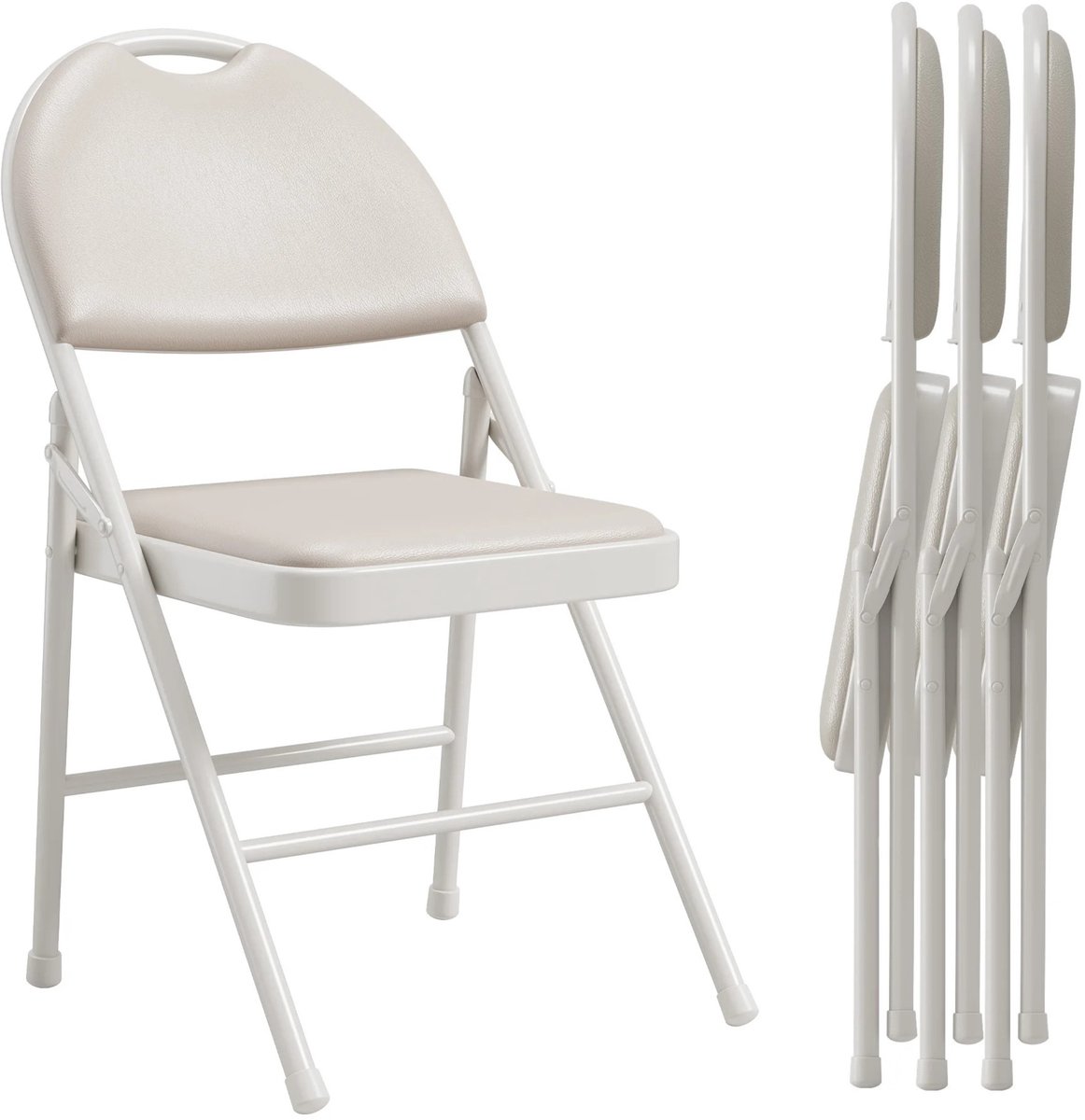 Noventra Inklapbare Stoelen Set van 4 – Gevoerde Klapstoelen met Kunstleren Zitting & Rugleuning – Opvouwbare Stoelen met Metalen Frame – Beige