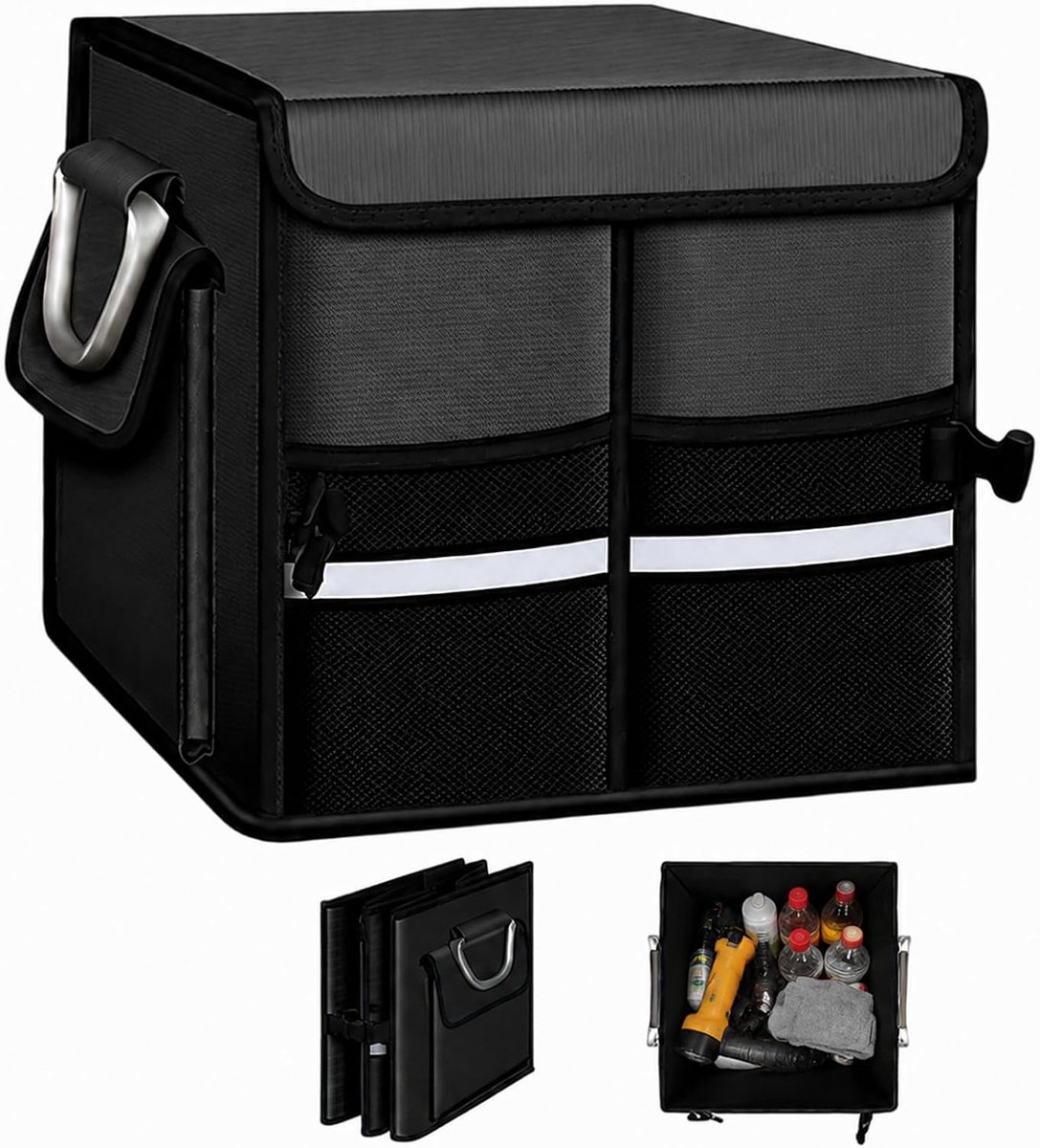 Kofferbakorganizer, opvouwbare auto-organizer, antislip kofferbaktas met draaggreep en reflectoren, kofferbakbox met deksel, versterkte autobox om op te bergen (35 x 35 x 30 cm, 36 l)