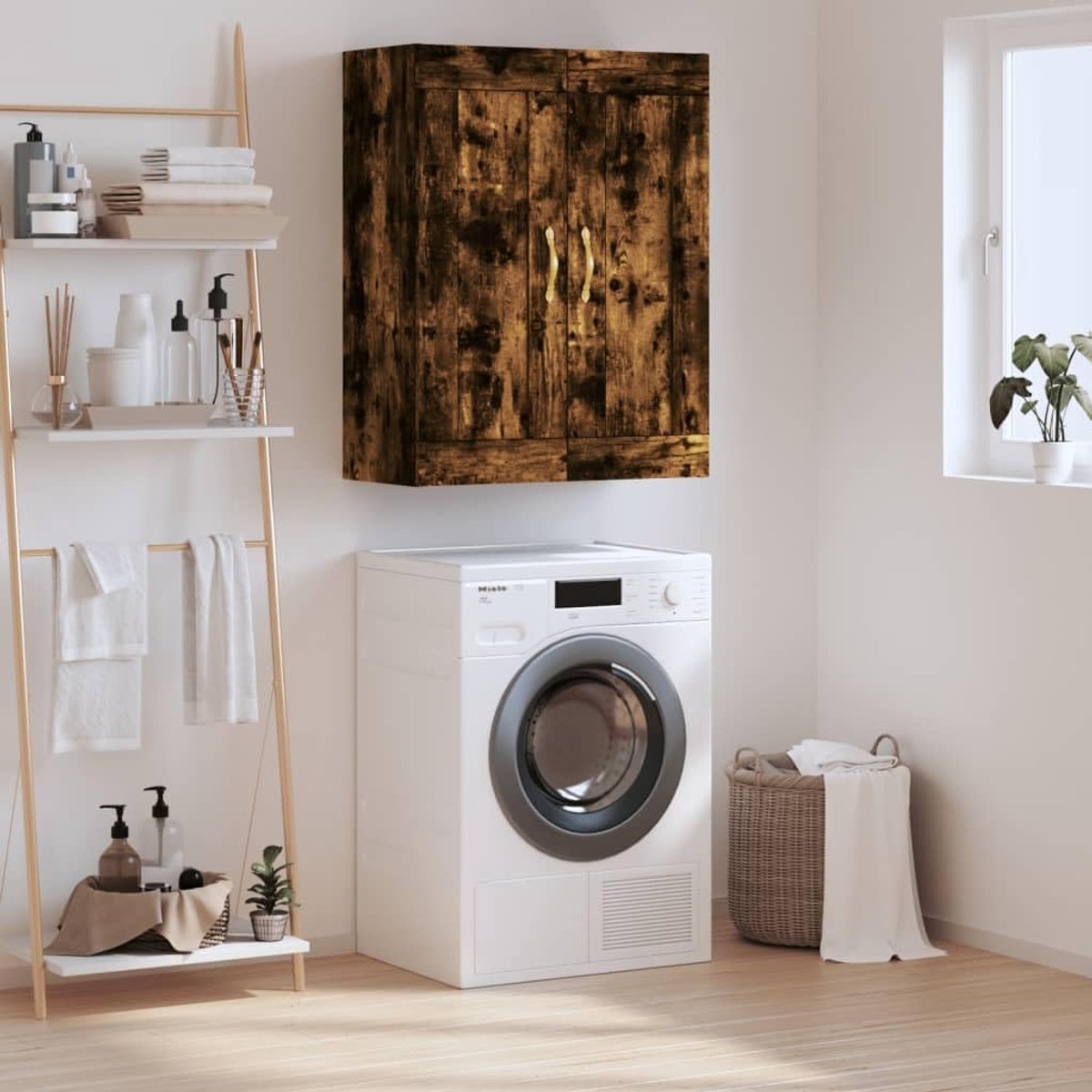 Rookeiken, 69,5 x 34 x 90 cm, houtmateriaal met 3 vakken, opbergruimte, hangkast voor woonkamer, slaapkamer, montage aan de muur, opbergoplossing