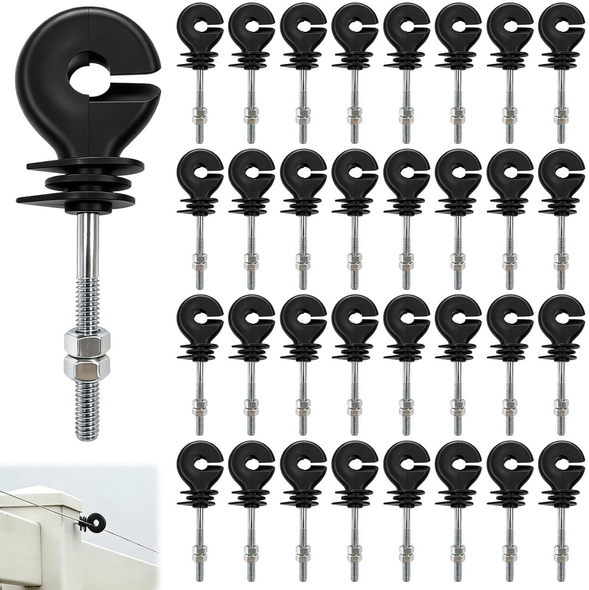 Omheining, 98 mm, Ø 5,1 mm, isolator voor omheining, ringisolator voor elektrisch hek, schroefisolator voor houten palen voor boerderij, weidehek, moer, 50 stuks