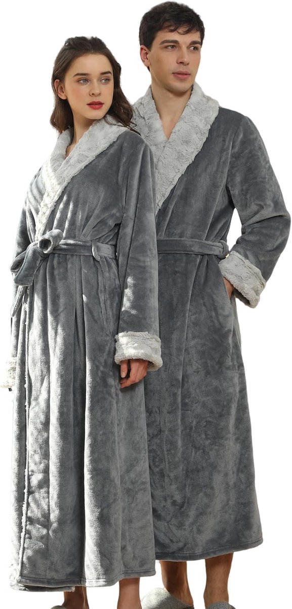 Badjas voor dames, wollig, lang, fleece badjas voor dames, grote maten, uniseks badjas set voor paren, ochtendjas voor dames en heren met lange riem