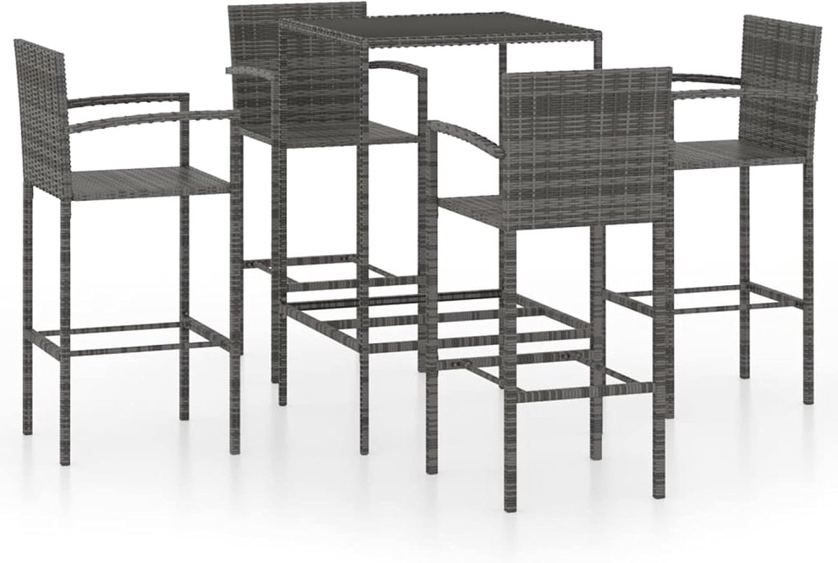 5-delige set van tafel en hoge tuinstoelen, van polyrotan, grijs en staal, set met glazen tafel en 4 krukken met armleuningen voor buiten