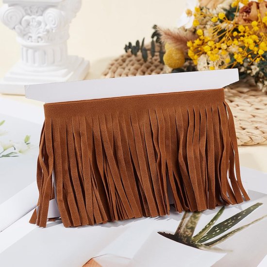 Lederen franje rand 1 yard 3,9 inch dubbelzijdige suède kwastjes bruin kunstleer decoratief lint voor vrije tijd creatief naaien kleding — afbeelding 4