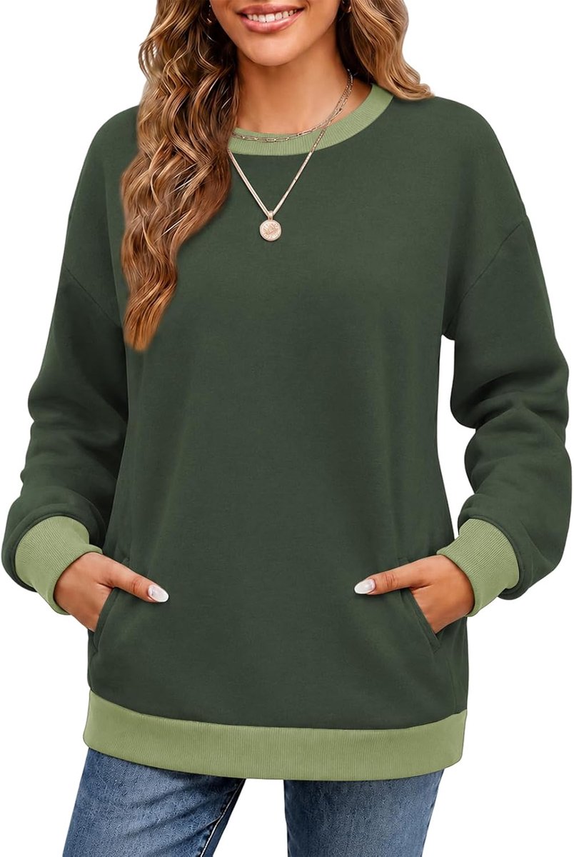 Sweatshirt voor dames, ronde hals met zakken, contrasterende losse