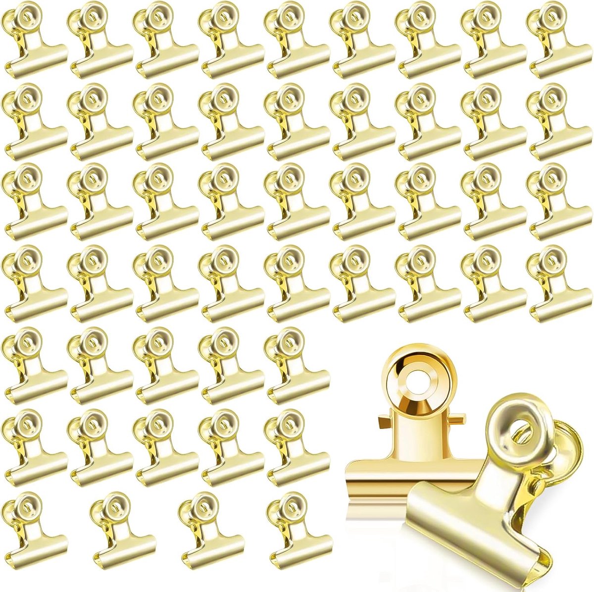 Clips, 50 stuks, 22 mm, kleine bulldog clips, briefklemmen, metalen scharnier, clips, binderklemmen, voor kunsthandwerk, tekeningen, foto's (goud 50)