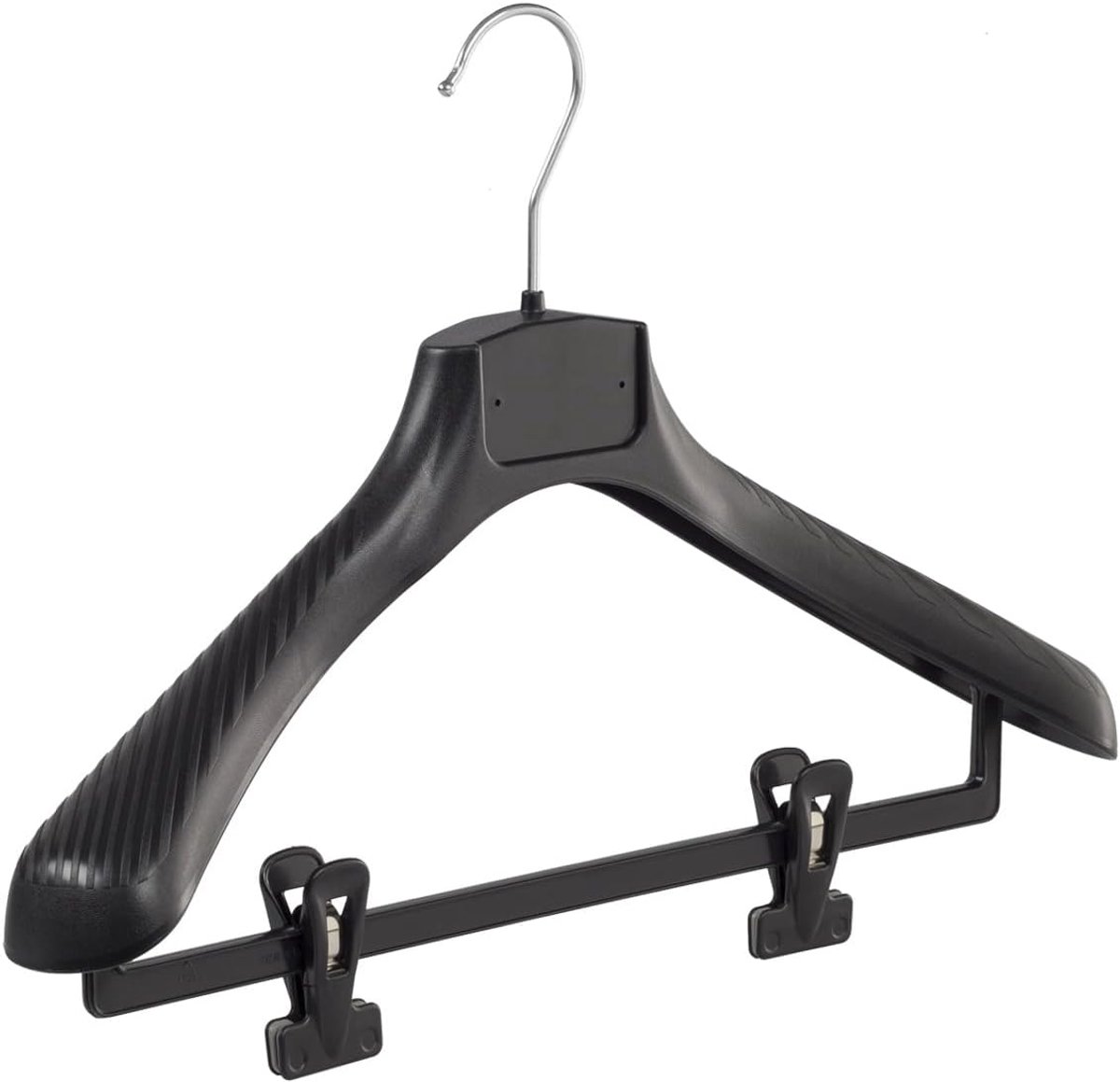 Kleerhanger, Mantelhanger, Kostuumhanger, Jassenhanger, set van 50 Stuks, Kunststof, Zwart, Broeklat met Knijpers, Brede schouders, 360° Draaibare Haak, 42 cm (FG42/BC_00/50)