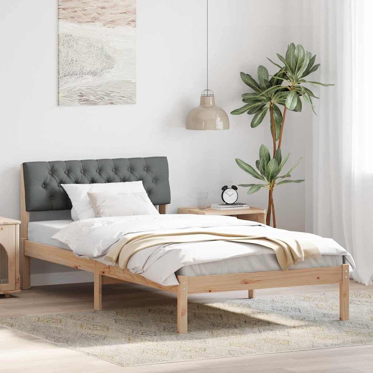 Grenenhouten platformbedframe met wandbord donkergrijs 100x200 cm