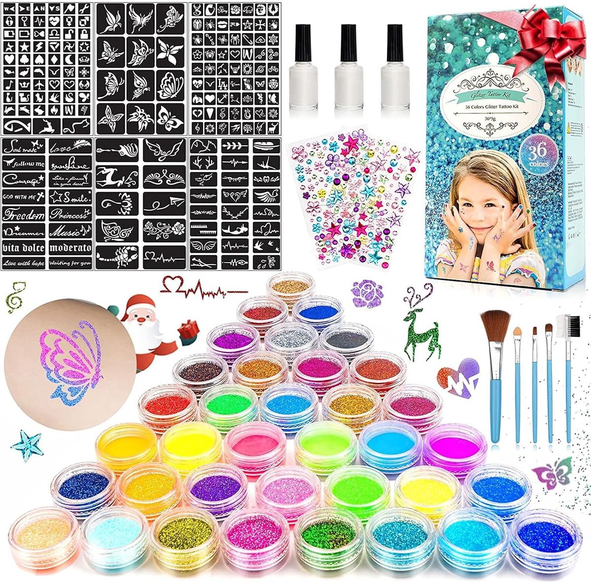 Carnaval, kinderen, meisjes, 36 kleuren, 182 sjablonen, 215 strasssteentjes, niet giftig, make-up feestjes, verjaardagen, Halloween, cadeau