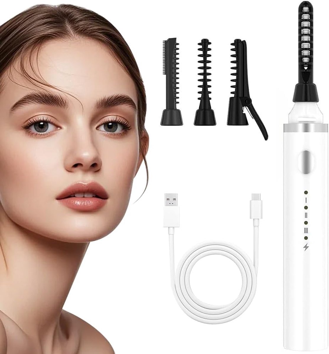 Verwarmde wimpertang, verwarmde wimperkruller, 3 temperatuurniveaus, geschikt voor alle wimpers, draagbare wimpertang, wit