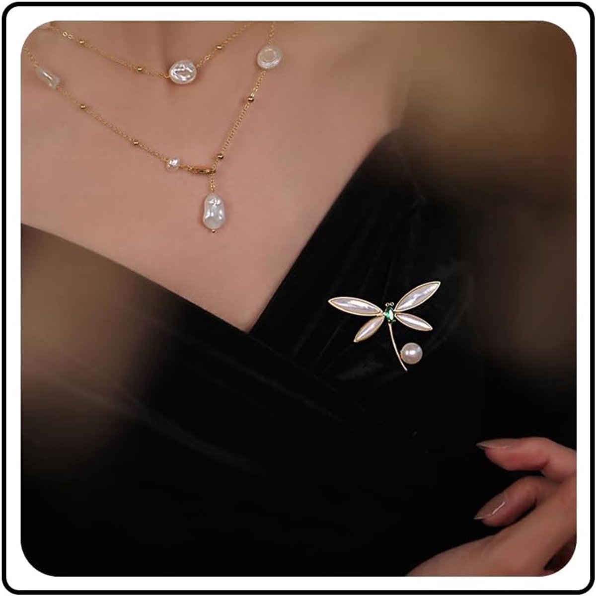 Parel Libelle Broche Pin Groen Kristal Insect Libelle Pin Elegant Bruidsboeket Broche Sierlijke Parel Strass Libelle Vliegen Revers Pin Kleding Accessoires Sieraden Voor Vrouwen,