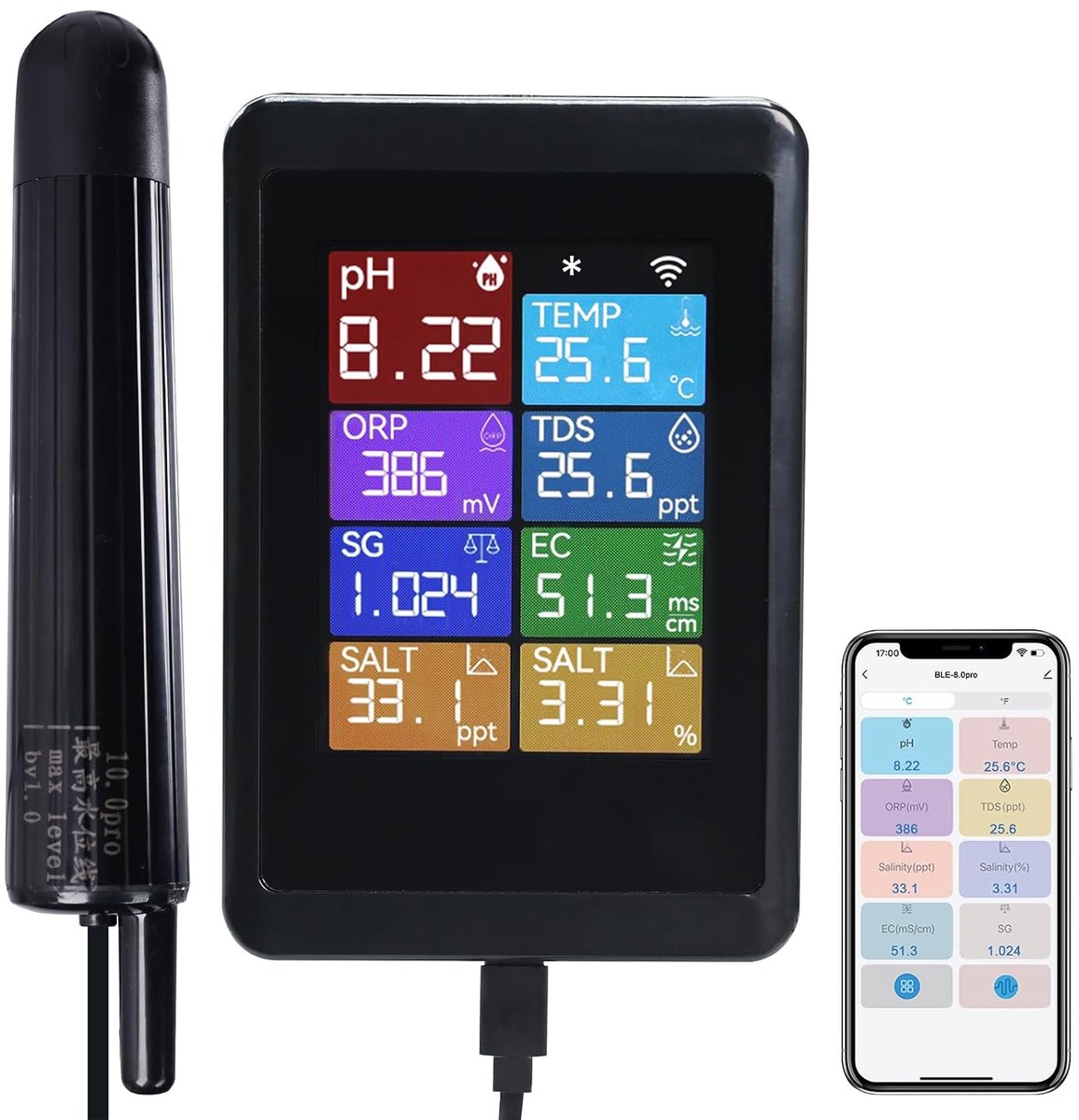 Wifi-pH-meter, 8-in-1 waterkwaliteitstester voor hydrocultuur, aquaria en zwembaden, meet pH, EC, TDS, zoutgehalte, ORP, SG en temperatuur via app-bediening.