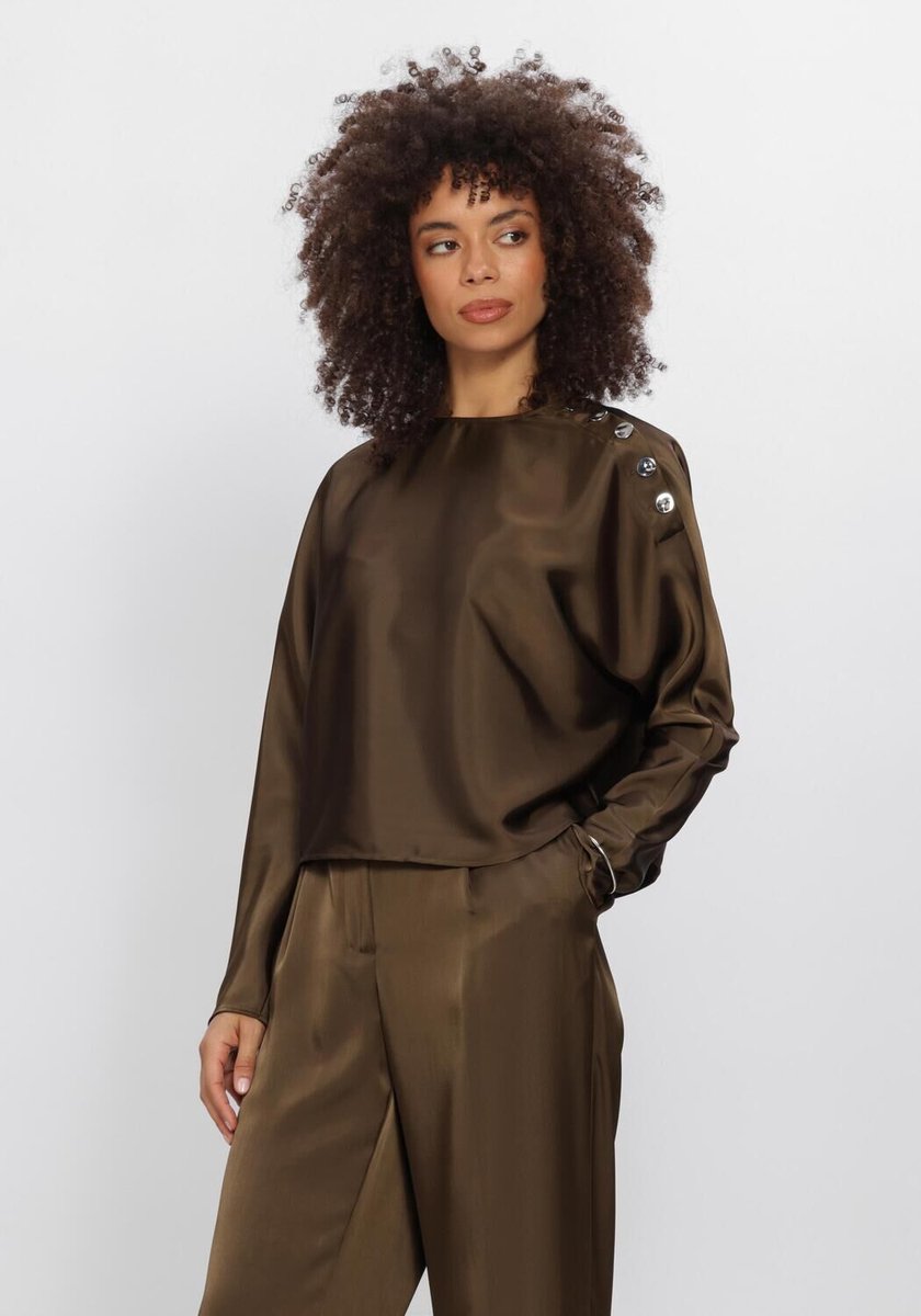 DANTE6 Leiva Bold Satin Button Detail Top Dames - Topjes - Khaki - Maat 34
