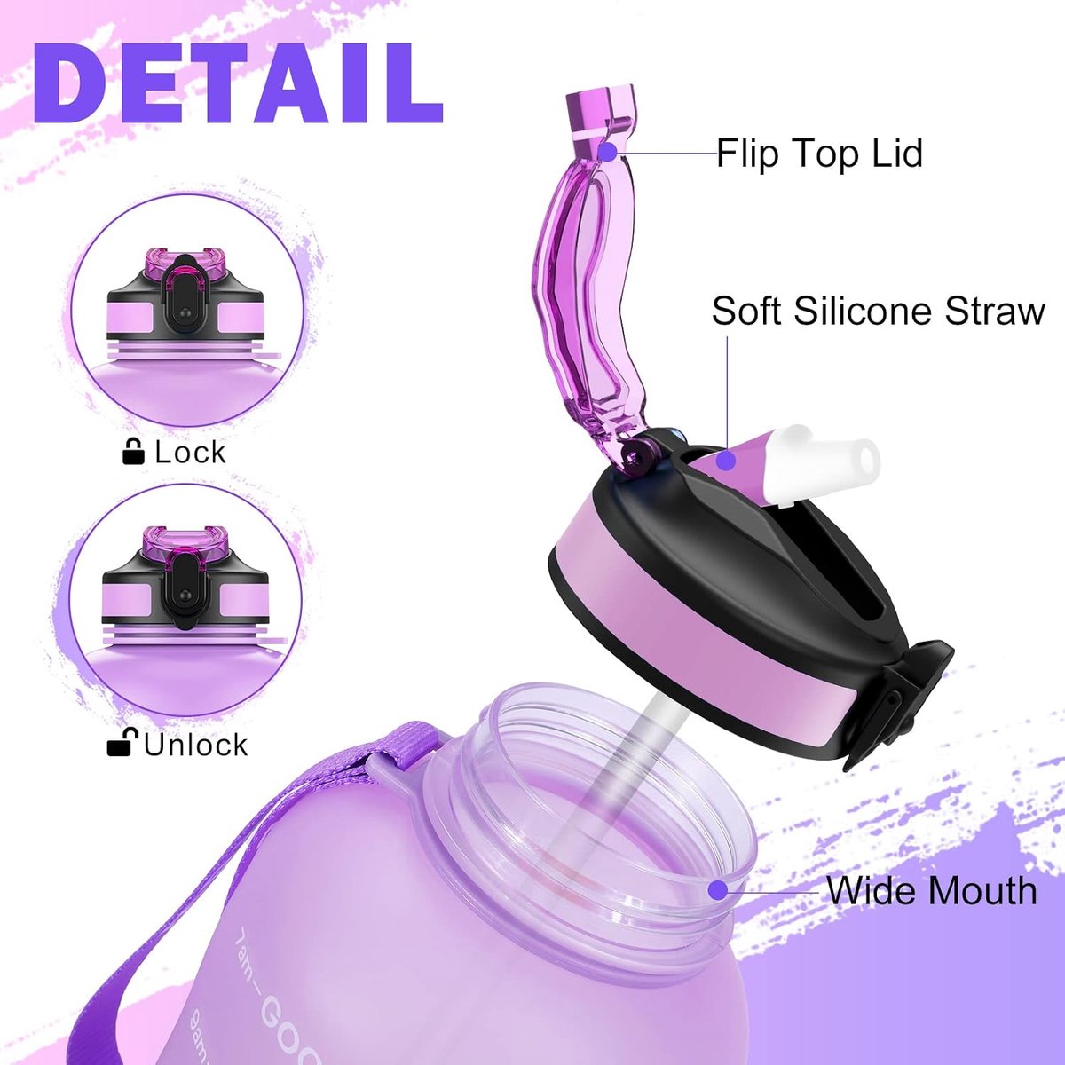 2 liter drinkflessen met rietje [BPA-vrij Tritan], 2L waterfles met tijdmarkering, 2000 ml lekvrije sportwaterflessen voor fitness, kamperen, yoga, reizen, paars roze