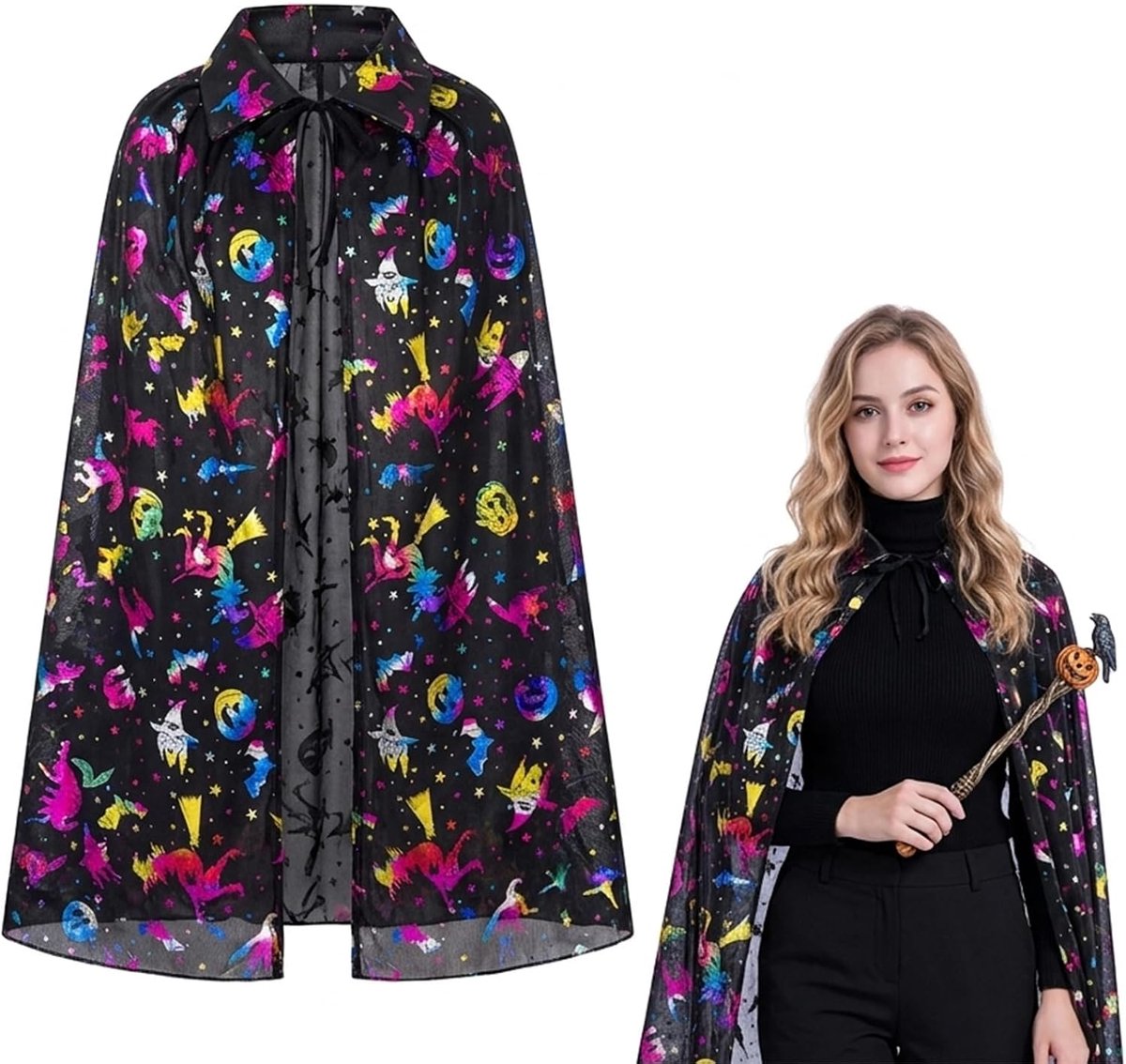 Halloween-kostuum, zwarte glinsterende cape, tovenaars-cape met hoed, Halloween-heksenmantel, voor cosplay-feest, 75 cm