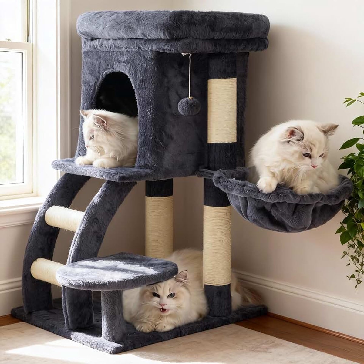 Krabpaal, 75 cm hoge krabpaal, klein, met bovenste platform, hol, hangmat, klimladder, kattenspeelgoed, kattenmeubels, klimboom activiteitenkrabpaal, rookgrijs HCT009SG