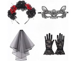 Lifreer De Halloween-kostuumset bevat een halloween-hoofdband, een zwarte sluier, een rozenhalsketting, een kanten masker en korte kanten handschoenen voor Halloweenkostuumaccessoires.