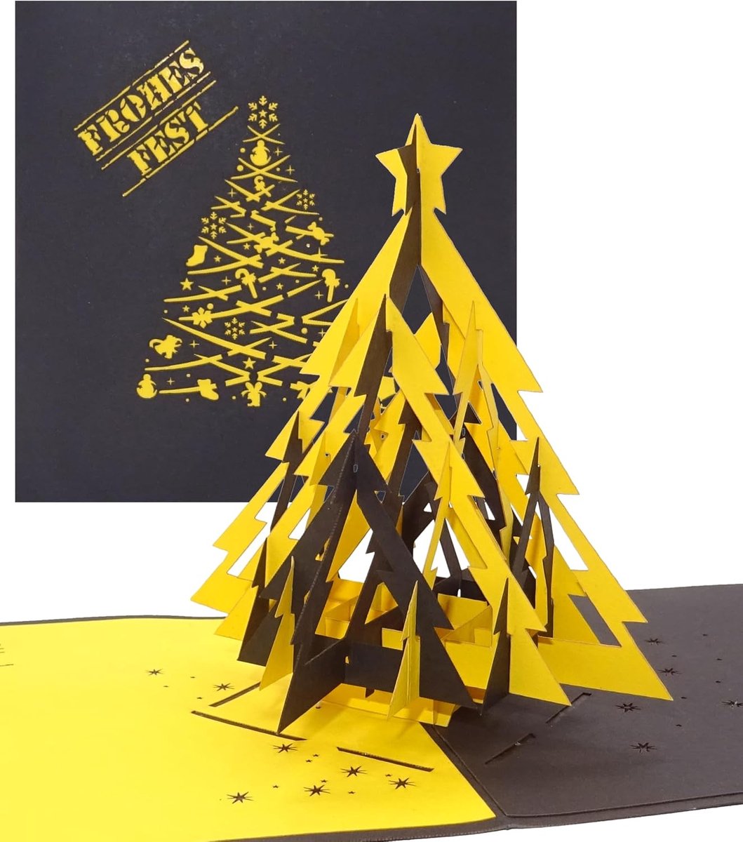3D pop-up kaart "Voetbal - Kerstmis in zwart en geel" kerstkaart met dennenboom voor voetbalfans in Dortmund, Aken ..