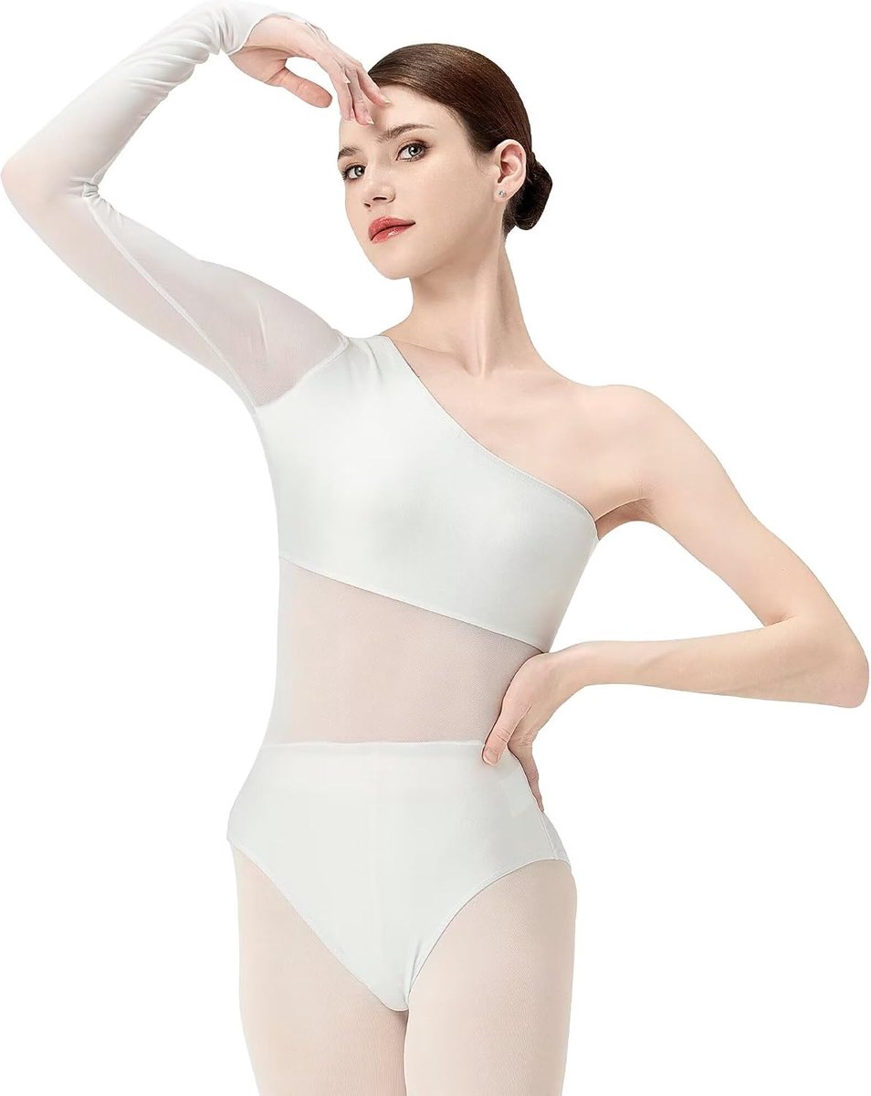 Balletpakje voor dames, enkele schouder, lange mouwen, ballet, dans, mesh, turnpakje voor volwassenen