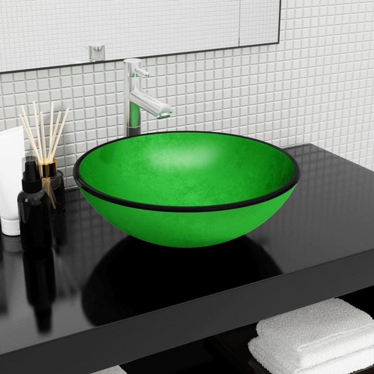 Opzetwastafel van gehard glas, 42 x 14 cm, rond design, groen, voor badkamer, wasruimte