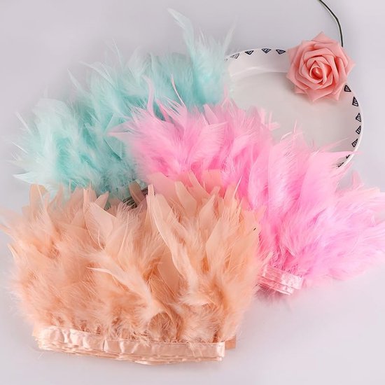 10 - 15 cm natuurlijke kalkoenveer band kalkoenveer rand fringen trim veerboord pluche veerbekleding voor doe-het-zelf knutselen naaien party bruiloft jurk kostuums decoratie beige 1 m — afbeelding 2