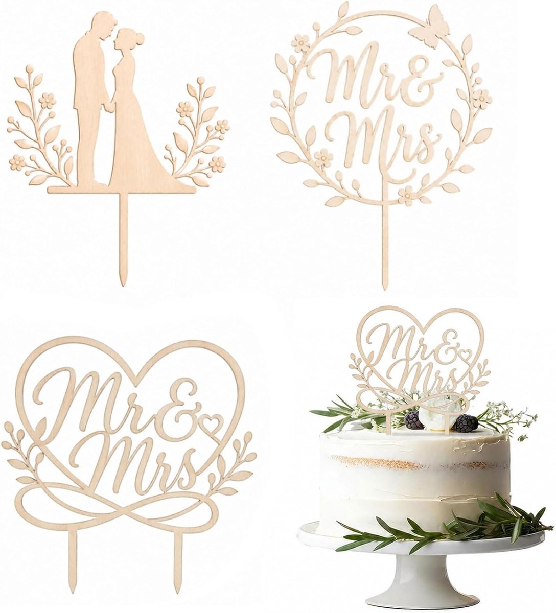 Topper Bruiloft, 3 Stuks Mr en Mrs Decoratie, Houten Bruidstaart Decoratie voor Bruiloft, Verloving, Jubileum, elegante Taartversiering Bruiloft
