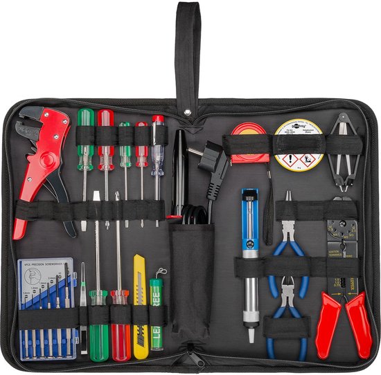 Zwarte etui met soldeerbout, tangen, schroevendraaiers, stripgereedschap en meetlint.