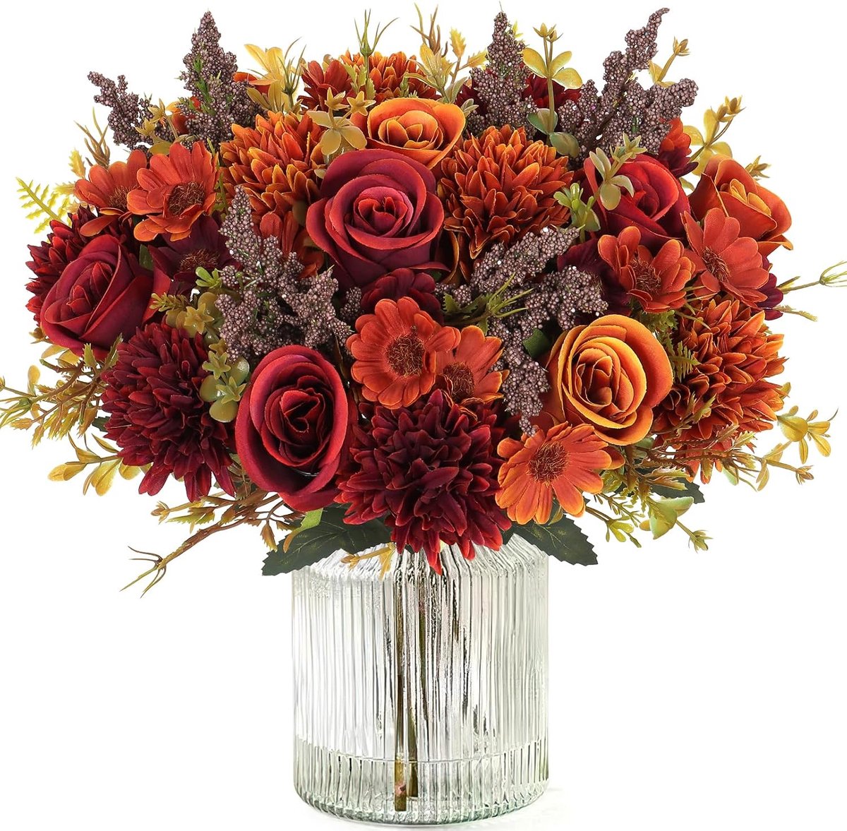 Kunstmatige Bloemen Kunstmatige Rose Zijde Bloemen 4 bosjes Faux Rose Daisy Bloem Boeket Voor Bruiloft partij tafel Centerpieces Floral Arrangement Home Keuken Decor (Oranje en rood, 4PCS)