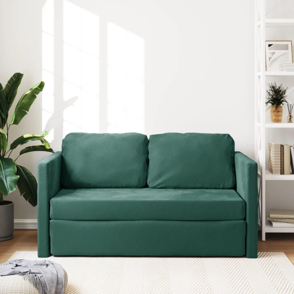 Slaapbank, vloerbank, modern, 2-zits, van fluweel, donkergroen, 122 x 204 x 55 cm, 2-zits slaapbank van fluweel, intrekbare slaapbanken
