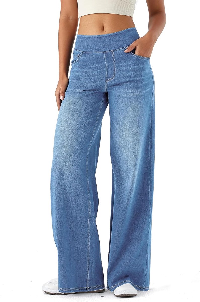 Dames Jeans Broek met Wijde Pijpen,Baggy Denim Broek hoge taille en Meerdere Zakken, Rechte Buis, Losse Pasvorm, Hoge Elasticiteit Casual Vrouwen Jeans Met