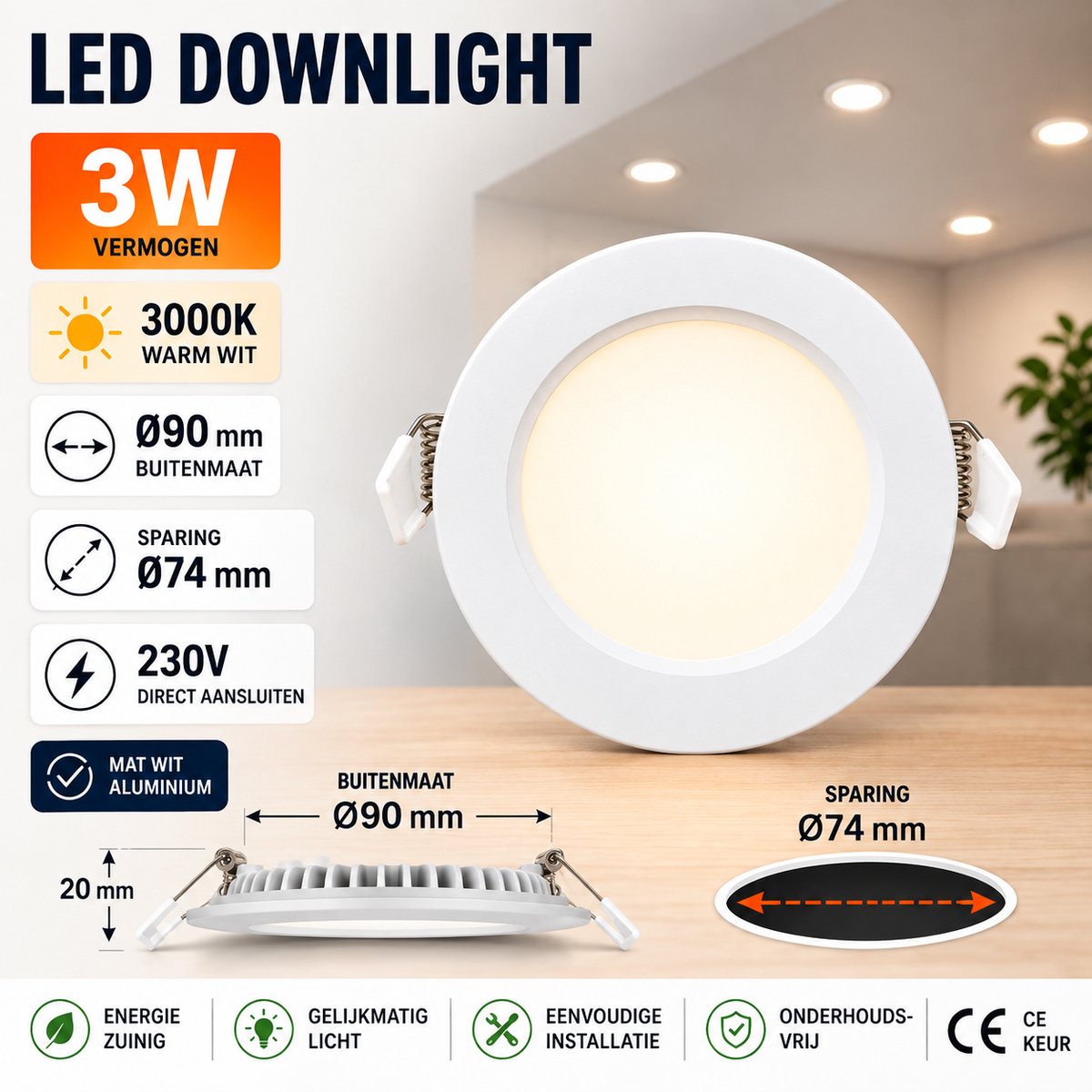 LED Inbouwspots Set 2 Stuks 3W Dimbaar 3000K Warm Wit 350 Lumen Ø83 mm Zaagmaat 75 mm