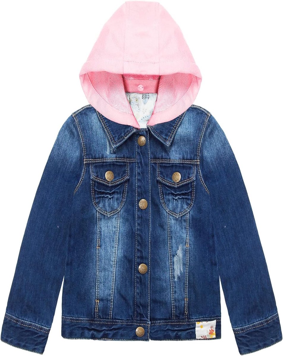 Roze afneembare capuchon jeansjack voor meisjes, blauwe gescheurde bloem geborduurde denim bovenkleding jas, blauw, 4-5 jaar