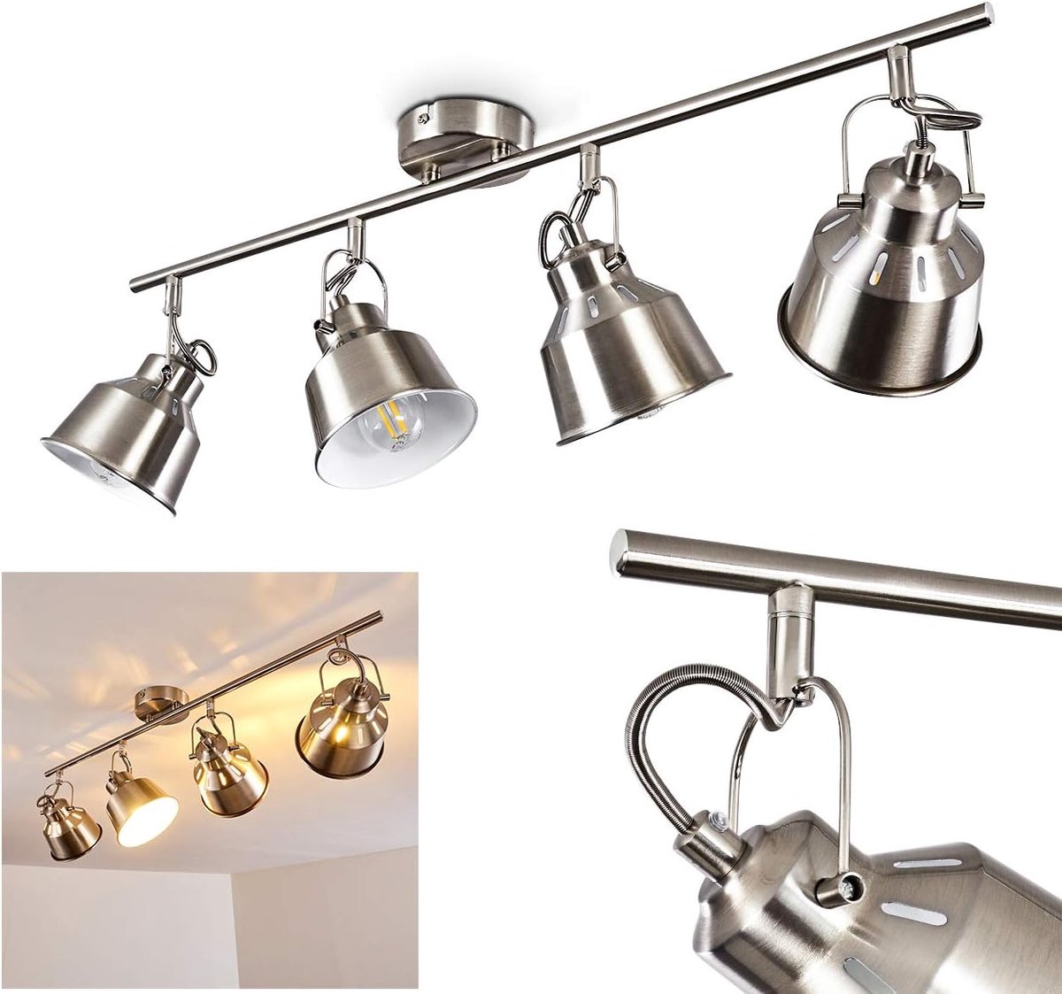 Plafondlamp Safari, metalen plafondlamp in geborsteld staal/wit, 4-lichts, met verstelbare spots en lichteffect, 4 x E14 fitting, retro/vintage design spot, lampen niet inbegrepen