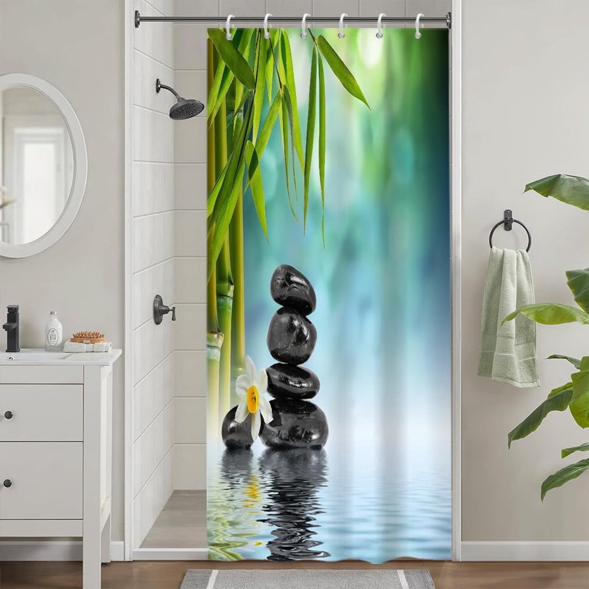 Douchegordijn, bamboe, anti-schimmel, 90 x 180 cm, blauw, Zen