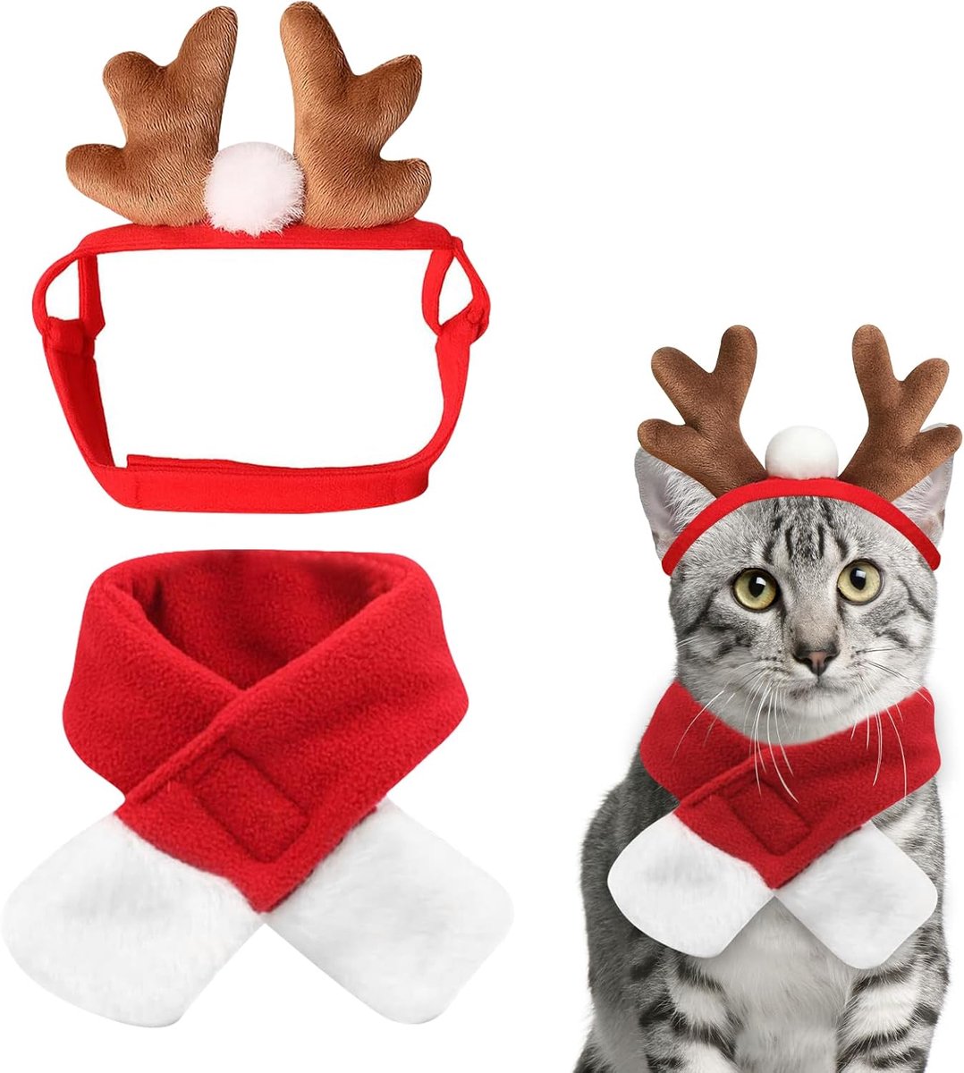 kat, kerstmuts hond, rendiergewei hond katten, katten kerstmuts met huisdiersjaal, voor kleine en middelgrote huisdier-kerstkostuums (B)