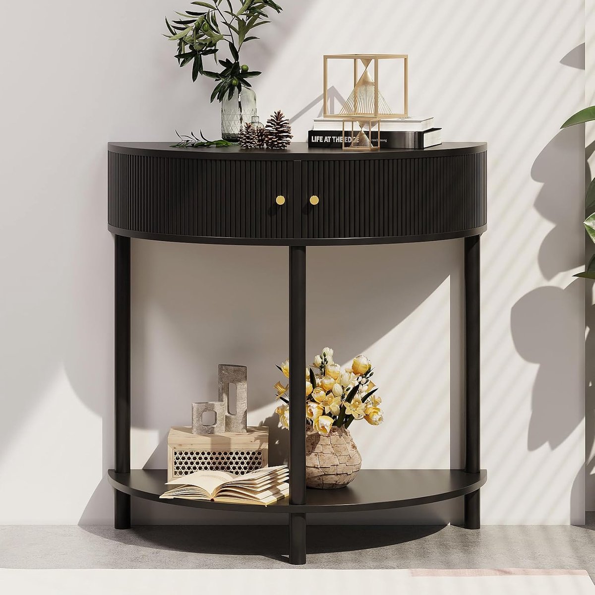 Halve maan consoletafel met opbergruimte, smalle gangtafel met 2 laden, gouden handgrepen en plank, boho houten bijzettafel voor woonkamer, slaapkamer of entree (zwart)