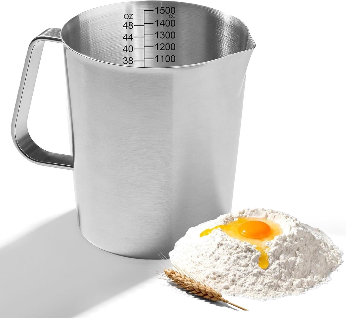 Maatbeker van roestvrij staal, 1500 ml, maatbeker van roestvrij staal, met handvat, schaal voor cappuccino, melk en espresso, machine voor melk, water, koffie