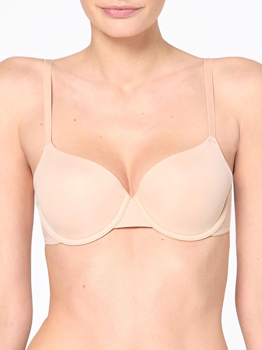 Die T-shirt-beugelbeha van zachte microvezel, naadloos voorgevormde gevoerde cups, onzichtbaar onder de kleding, push-up-effect voor dames, beige, 85C