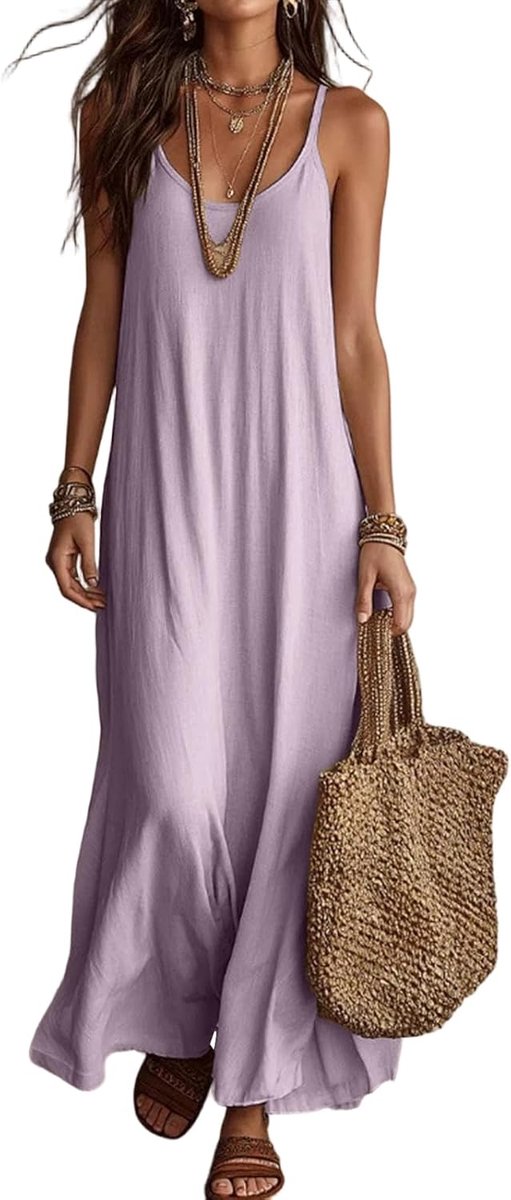 Damen Sommerkleid Boho Locker Flowing Strandkleid Lang | Leicht und Luftig Spaghettiträger Kleid Rückenfreies Hauskleid Alltag Freizeit Urlaub