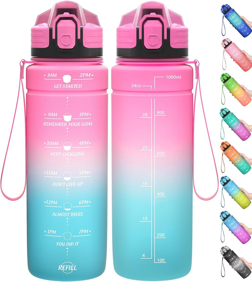 Sportwaterfles 2 l, 1,5 l, 1 l, 700 ml, 500 ml, lekvrij, motiverende waterfles met tijdmarkering, BPA-vrije Tritan drinkfles voor school, gym
