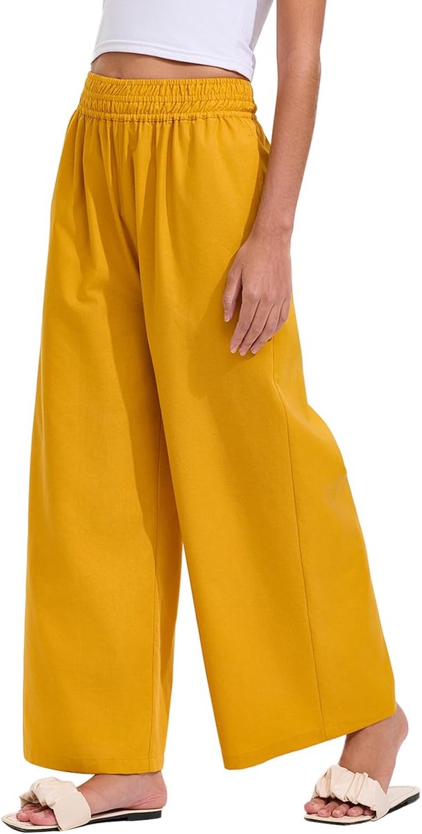 Umes Palazzo broek voor dames, wijde pijpen, broek met elastische taille, losse rechte zomerbroek met zakken, vrijetijdsbroek, culotte broek, losjes
