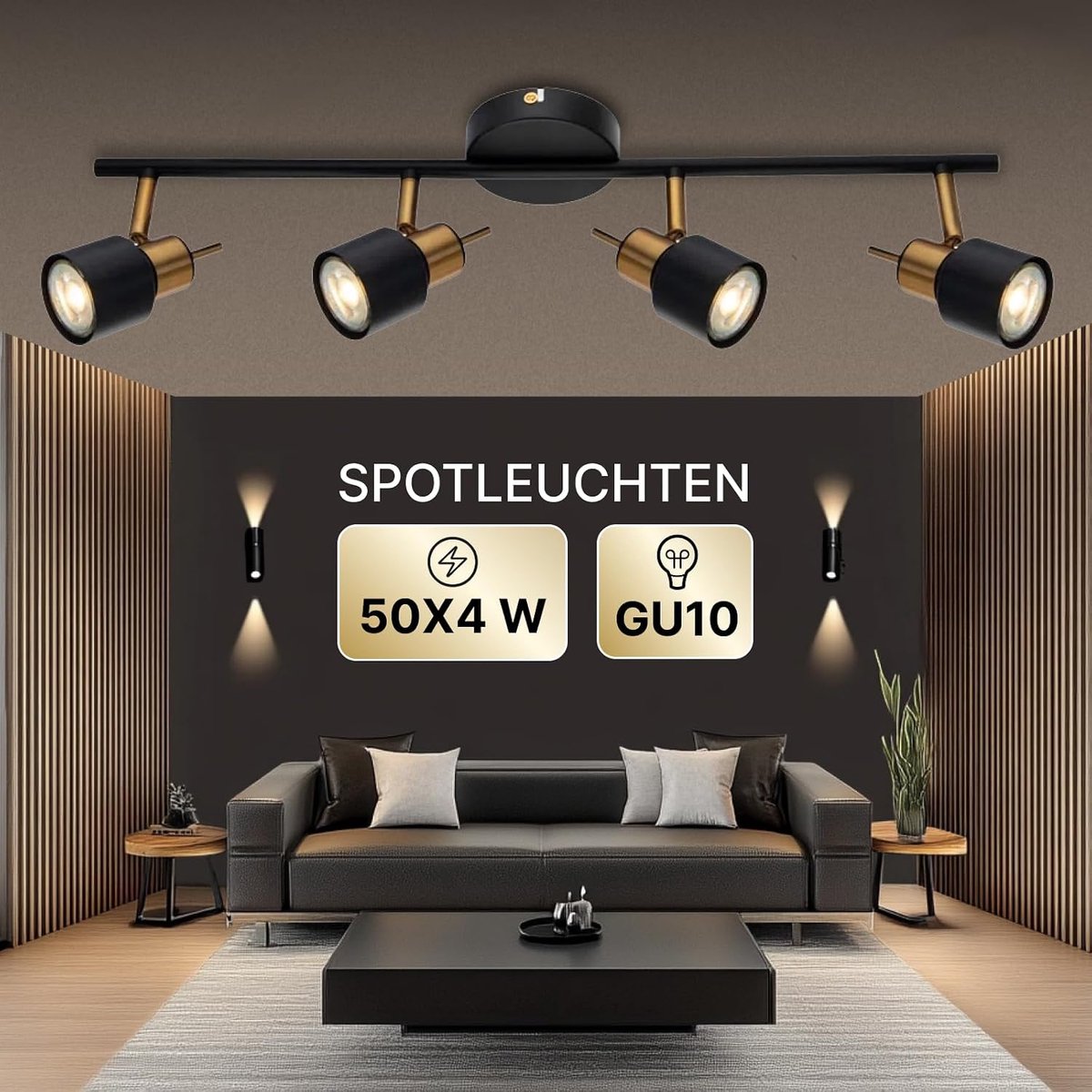 4-lichts plafondspot voor hal en keuken, zwarte opbouwspot van metaal, verstelbare spotlamp geschikt voor led en GU10