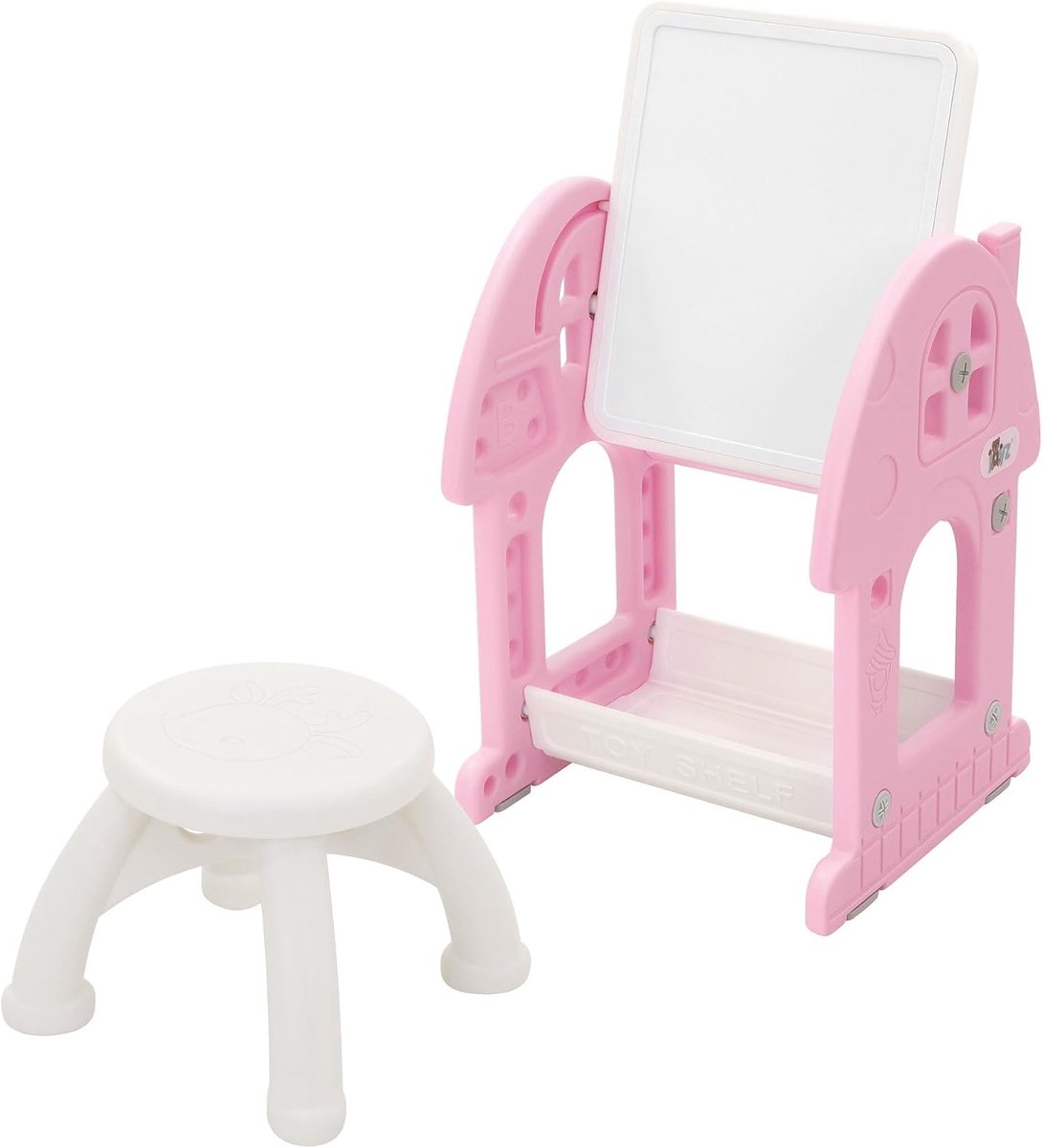 2-in-1 Speeltafel met Schoolbord en Kinderkrukje Roze Wit Multifunctioneel Krijtbord met Stoel Bouwtafel Magnetisch Whiteboard Kinderezel met Opbergruimte Tekentafel en Activiteitentafel
