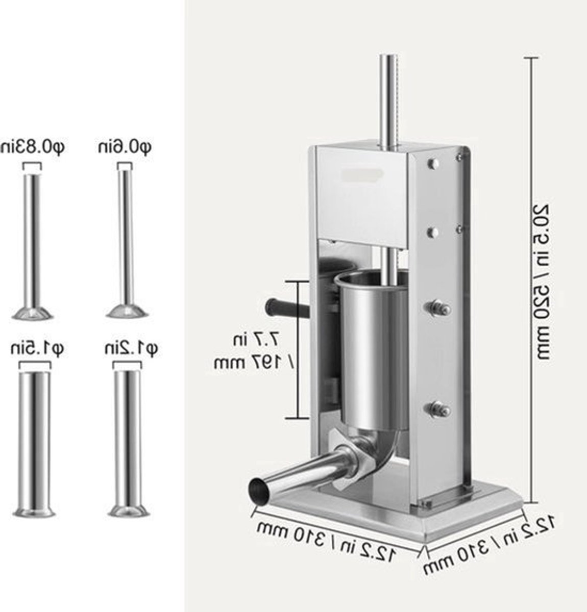 Worstenvuller – Worstenmaker - Worstmachine - Professionele 5L RVS Worstenvuller - Handmatige Verticale Worstmaker - Inclusief 5 Vulbuizen