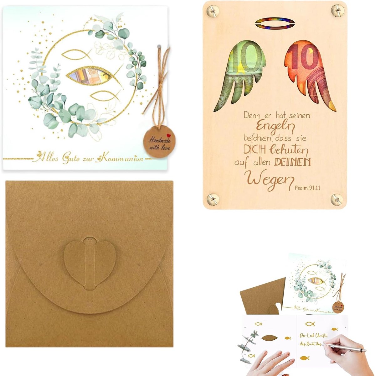 Dailygoods- Pop-up Kaart Christelijke Vis - Innovatieve D-wenskaart - Geldcadeau Doop/Communie/Vormsel - Houten Ornament - Inclusief Enveloppe