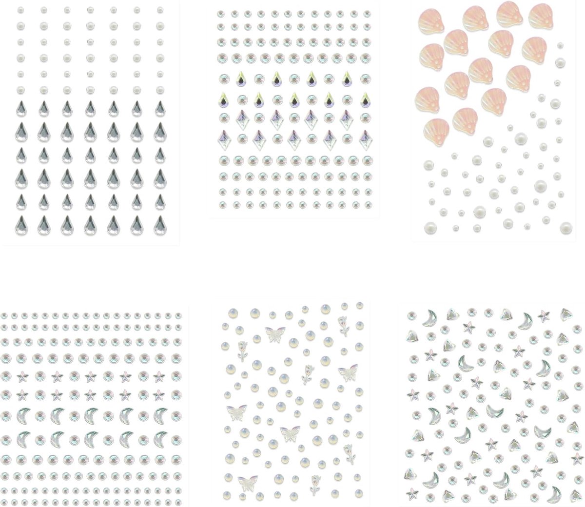 6 stuks edelsteenstickers, parels, sterren, strassteentjes, tijdelijke decoratie voor vrouwen en meisjes