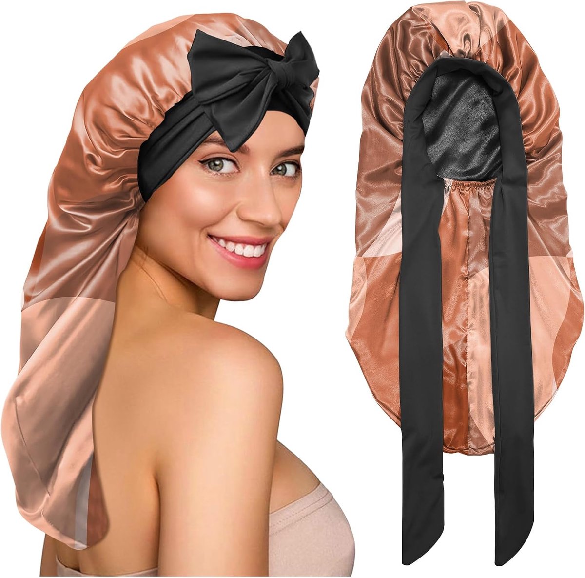 lange satijnen bonnet om te slapen, verstelbaar, dubbellaags, elastisch, herbruikbaar, lang haar, schattig, esthetisch voor vrouwen en meisjes
