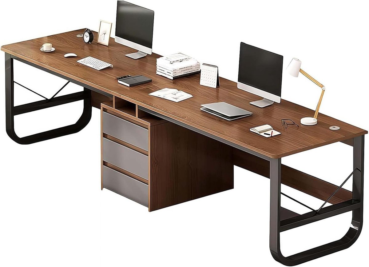 Werkplek met lades, moderne schrijftafel, extra lang bureau voor thuis, walnoot, 200 cm